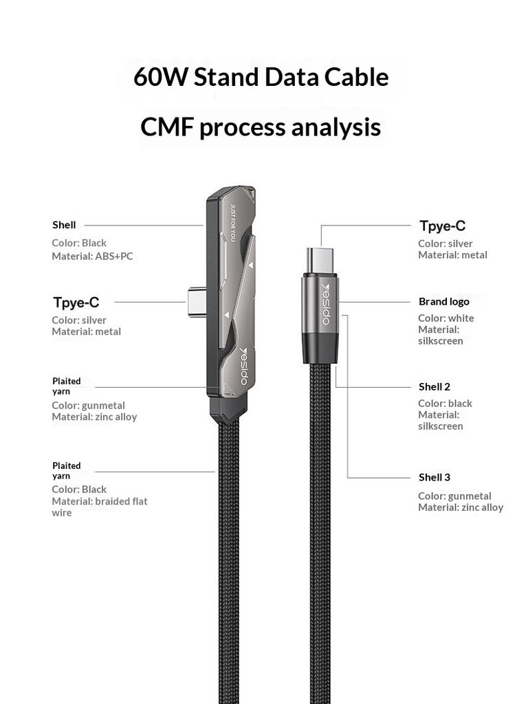 Yesido CA207 USB-C till USB-C laddkabel med stativ – Svart