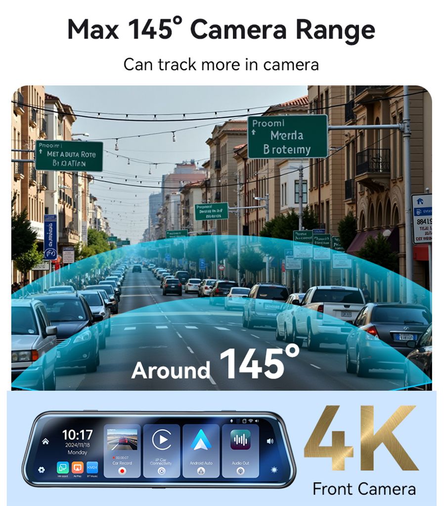 YESIDO KM24 -peruutuspeilikamera autoon, jossa on Carplay – Android Auto, AirPlay-näyttö