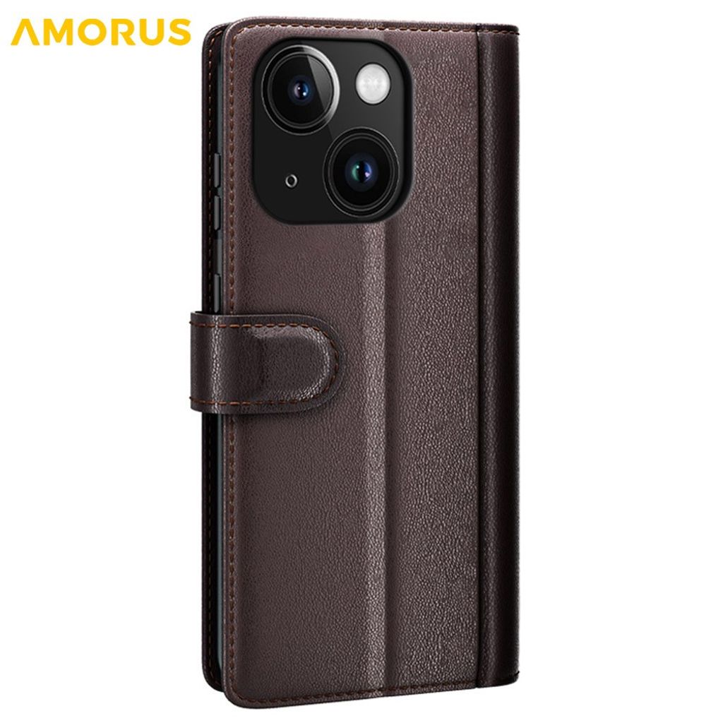 AMORUS iPhone 15 Wallet Cover Stand Real Leather – Brown