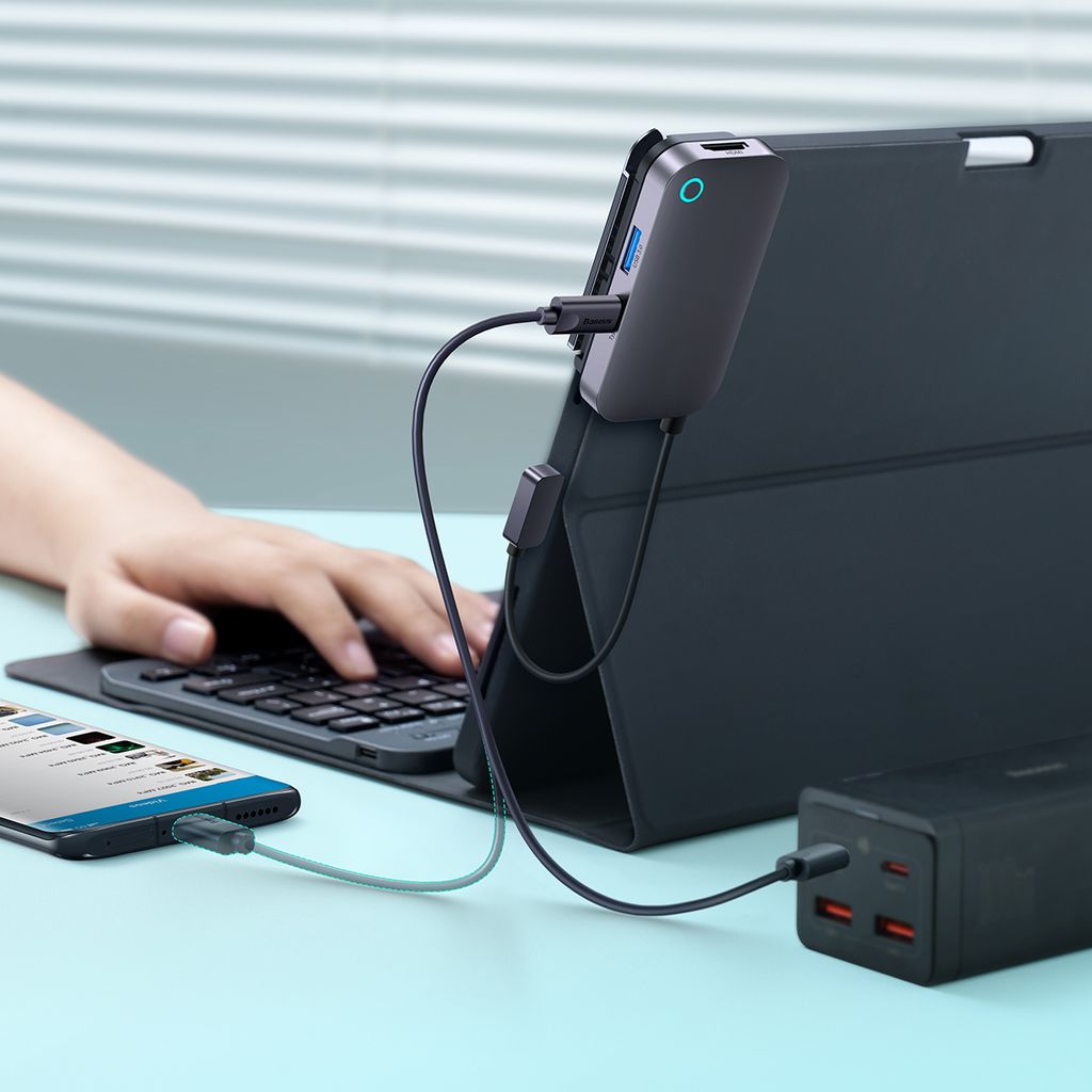Baseus PadJoy universal 6-i-1 USB-C HUB for nettbrett og mobil - mørk grå