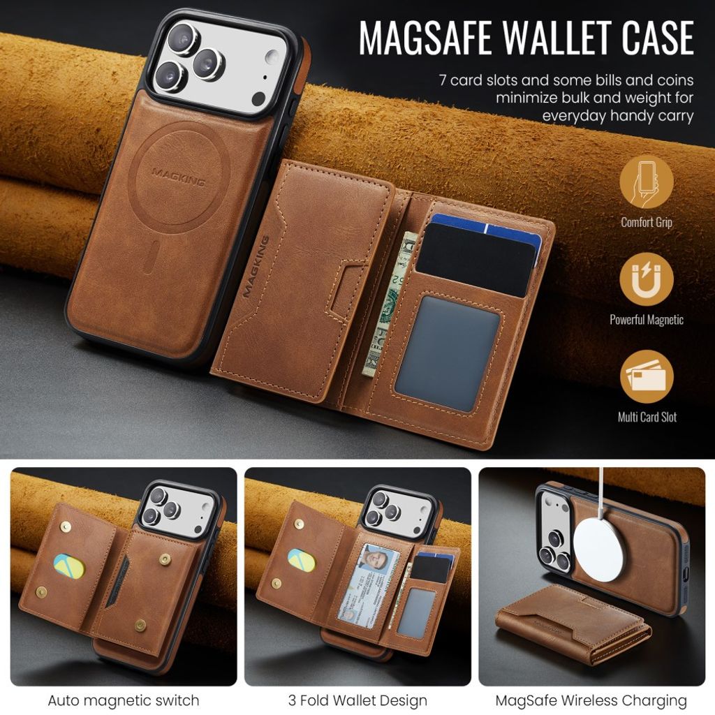 MAGKING iPhone 18 Pro Max/17 Pro Max MagSafe Kuori irrotettavalla lompakolla - Ruskea
