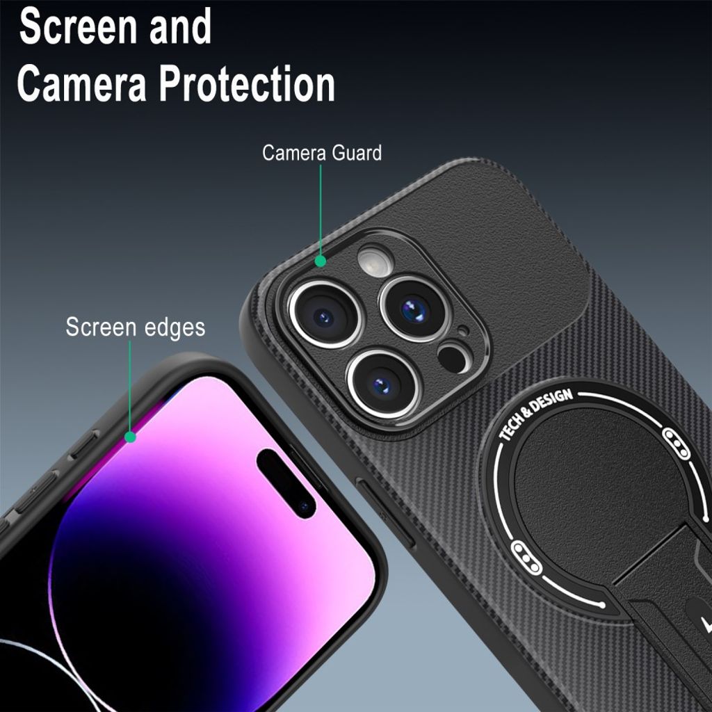 iPhone 14 Pro Skal Stativ Kolfibertextur - Svart