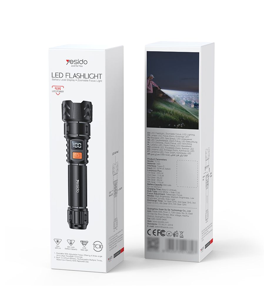 YESIDO TC10 oppladbar LED-lommelykt – svart