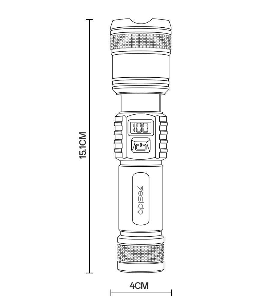 Yesido Teleskopisk Zoombar LED-lommelykt Oppladbar med Digital Display