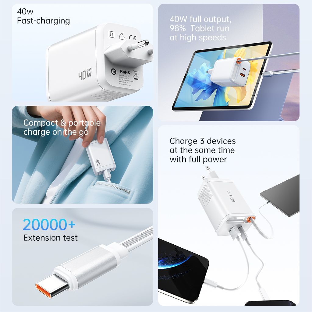 SiGN GaN hurtiglader USB-C/USB-A 40W med forlengbar USB-C-kabel - Hvit