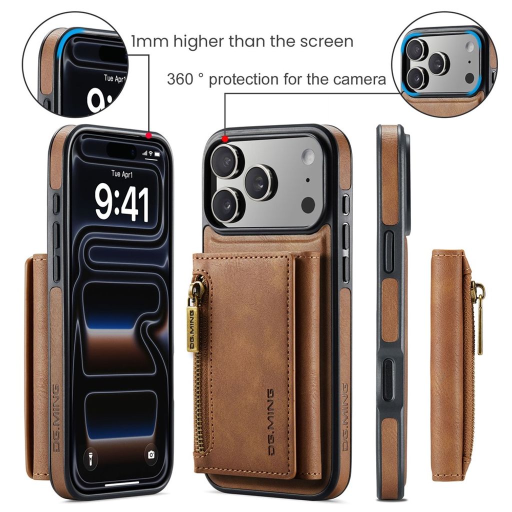 DG.MING iPhone 18 Pro/17 Pro Deksel med Magnetisk Avtakbar Lommebok - Brun
