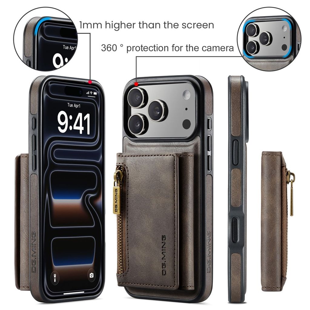 DG.MING iPhone 18 Pro/17 Pro Deksel med Magnetisk Avtakbar Lommebok - Brun