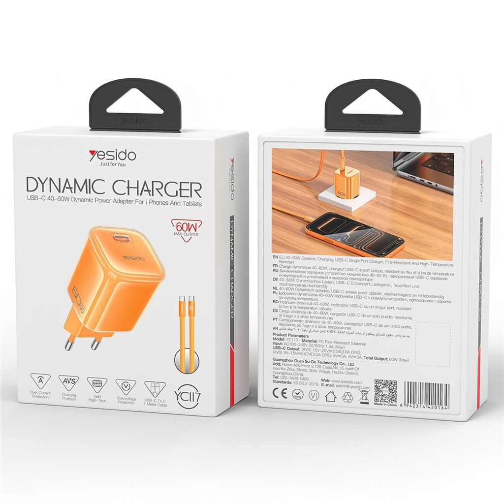 Yesido YC117 60W USB-C GaN-vegglader med USB-C-kabel – oransje