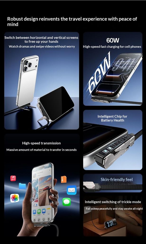 Yesido CA207 USB-C till USB-C laddkabel med stativ – Svart