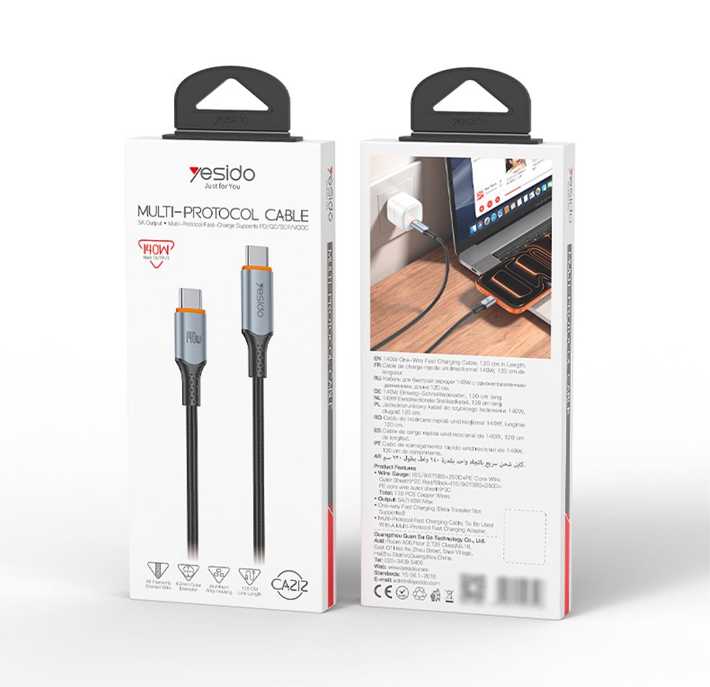 YESIDO CA212 USB-C till USB-C snabbladdningskabel 140W – 1,2 m