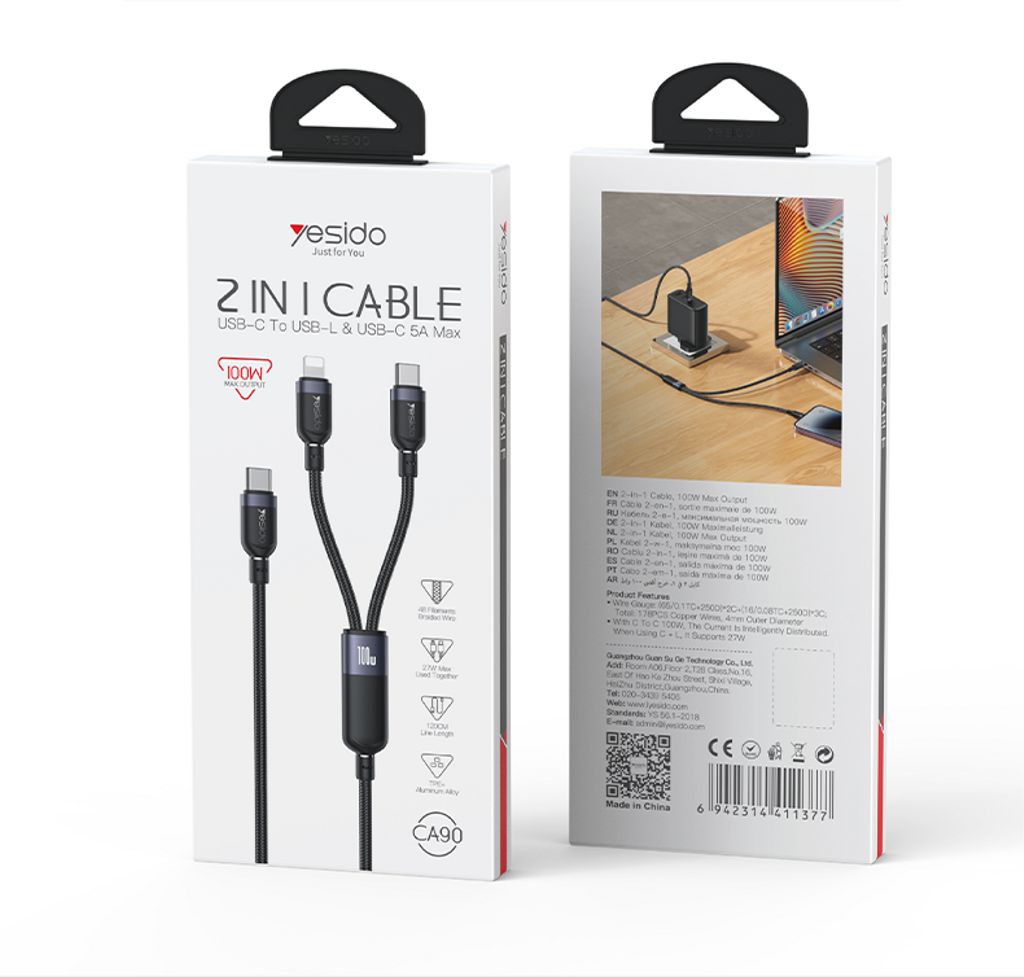 Yesido 2-in-1 USB-C - USB-C / Lightning -latauspöytä 100W, 1,2m