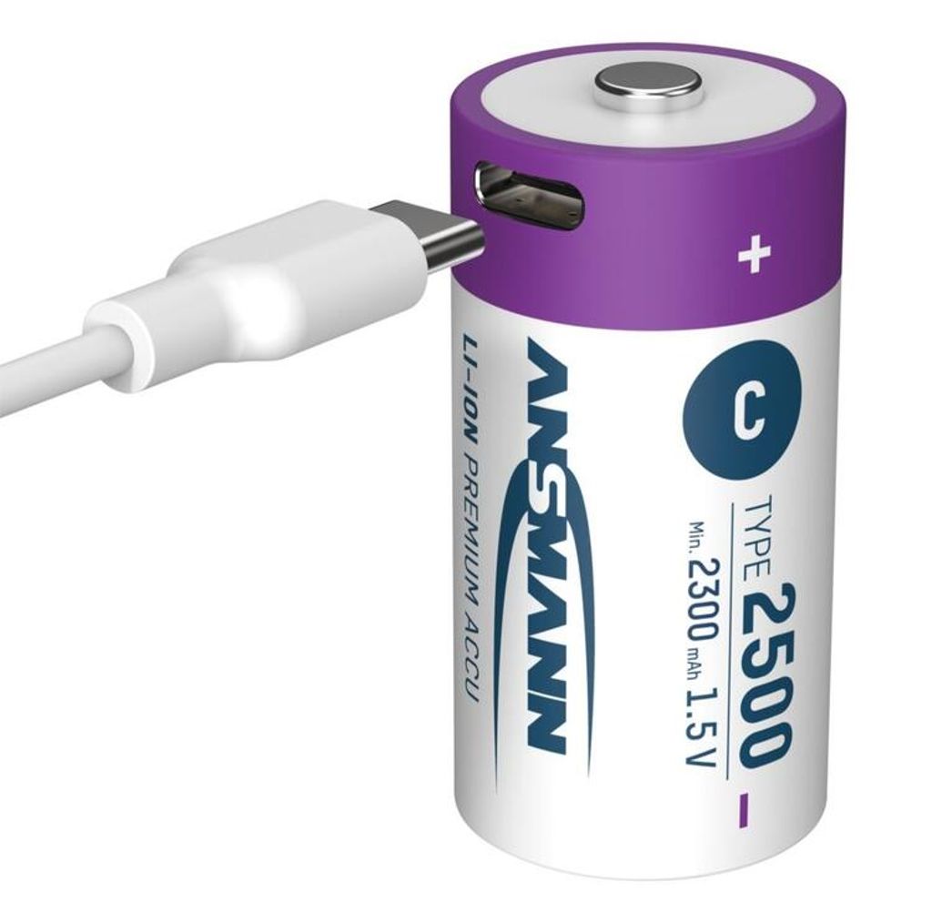 Ansmann 2-pak genopladeligt C-batteri Li-ion 2500mAh med USB-C