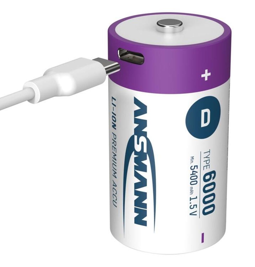 Ansmann 2-pak genopladeligt D-batteri Li-ion 6000mAh med USB-C