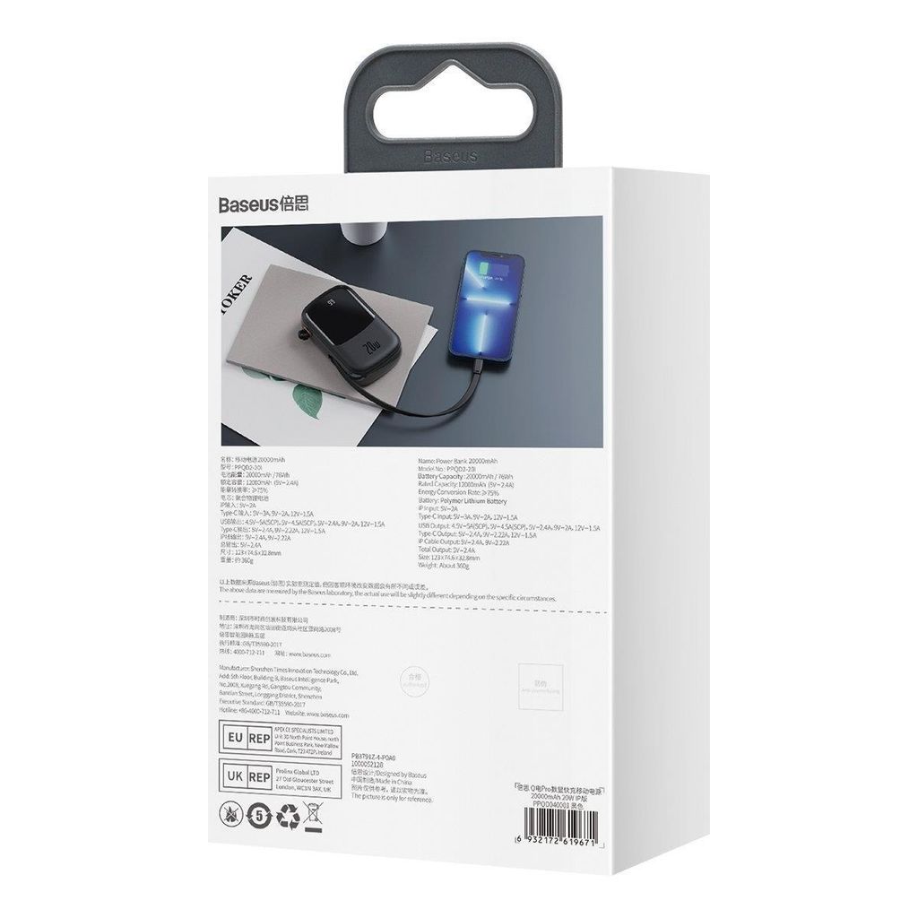 Baseus Qpow Digital Display powerbank 20000mAh 20W med innebygd Lightning (svart)
