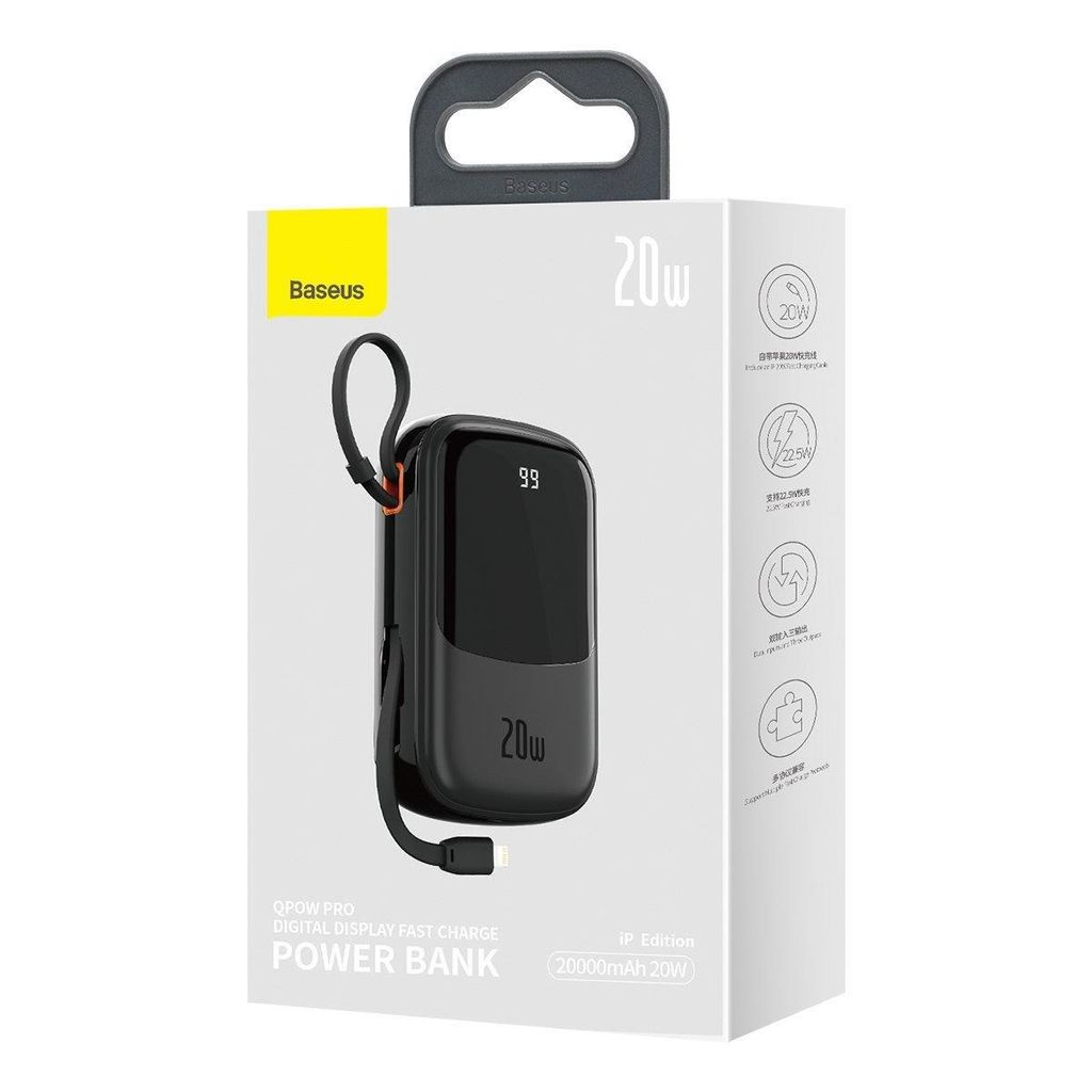 Baseus Qpow Digital Display powerbank 20000mAh 20W med innebygd Lightning (svart)