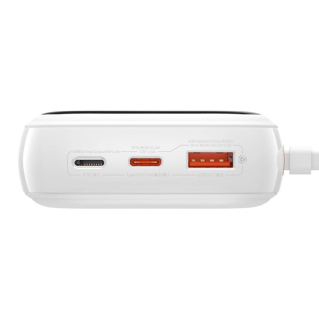Baseus Qpow Digital Display Power Bank 20000mAh 20W med innebygd Lightning-kabel hvit