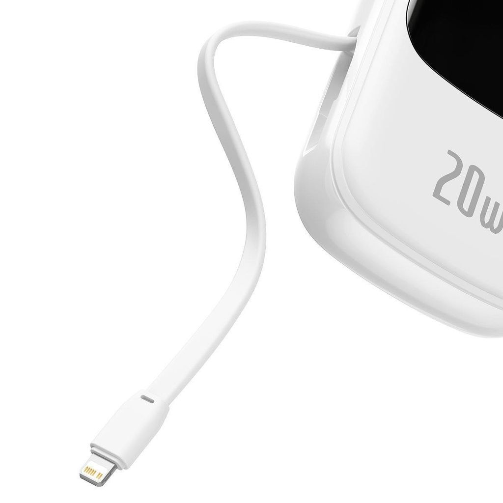 Baseus Qpow Digital Display Power Bank 20000mAh 20W med innebygd Lightning-kabel hvit