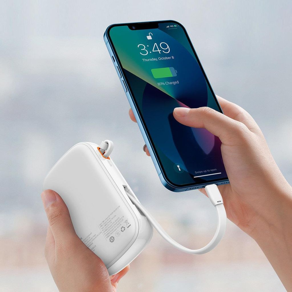 Baseus Qpow Digital Display Power Bank 20000mAh 20W med innebygd Lightning-kabel hvit