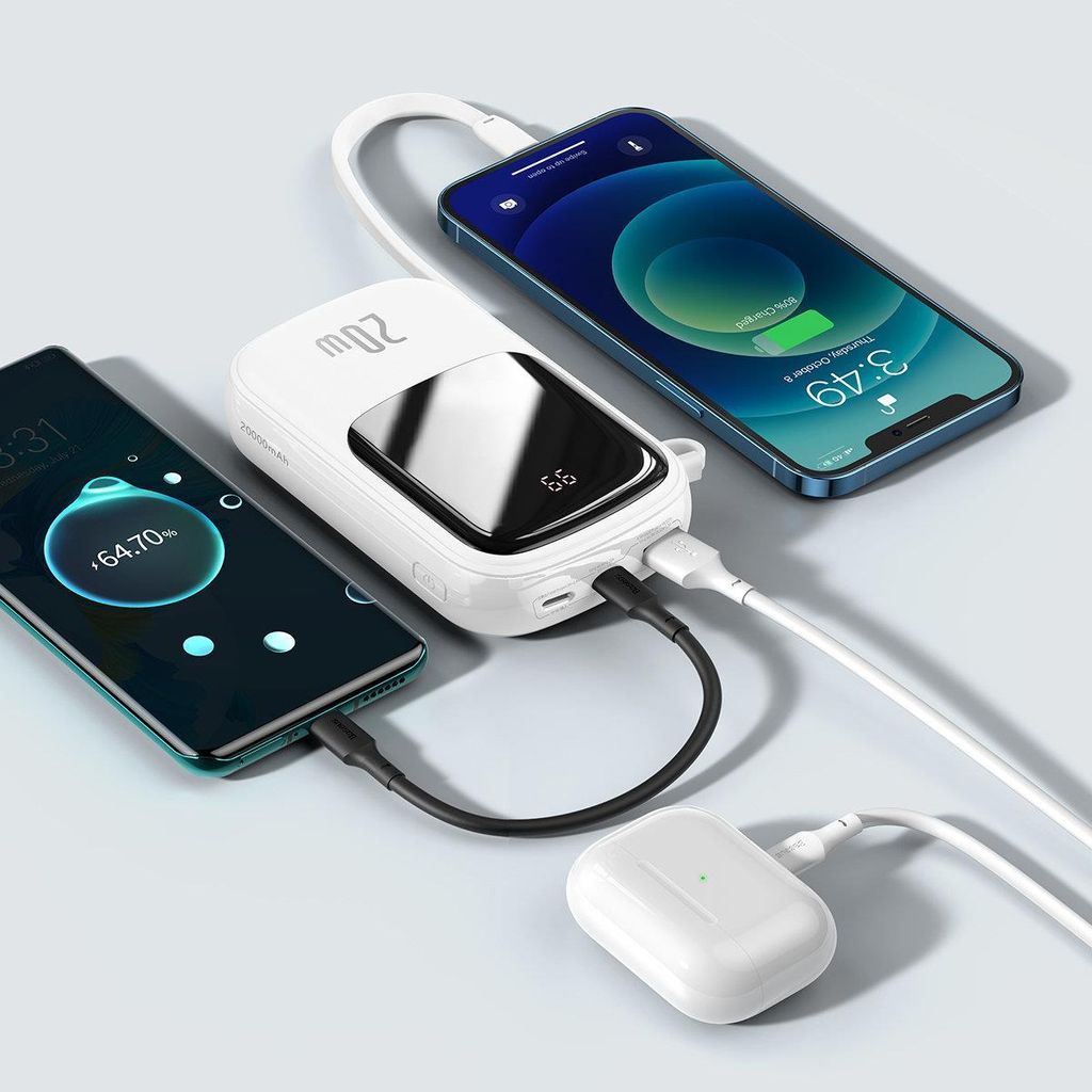 Baseus Qpow Digital Display Power Bank 20000mAh 20W med innebygd Lightning-kabel hvit