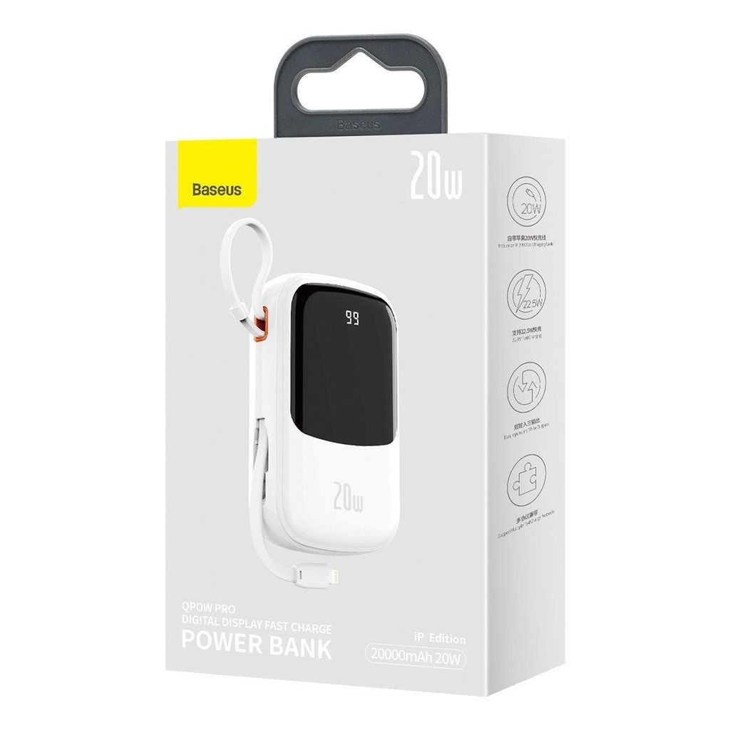 Baseus Qpow Digital Display Power Bank 20000mAh 20W med innebygd Lightning-kabel hvit