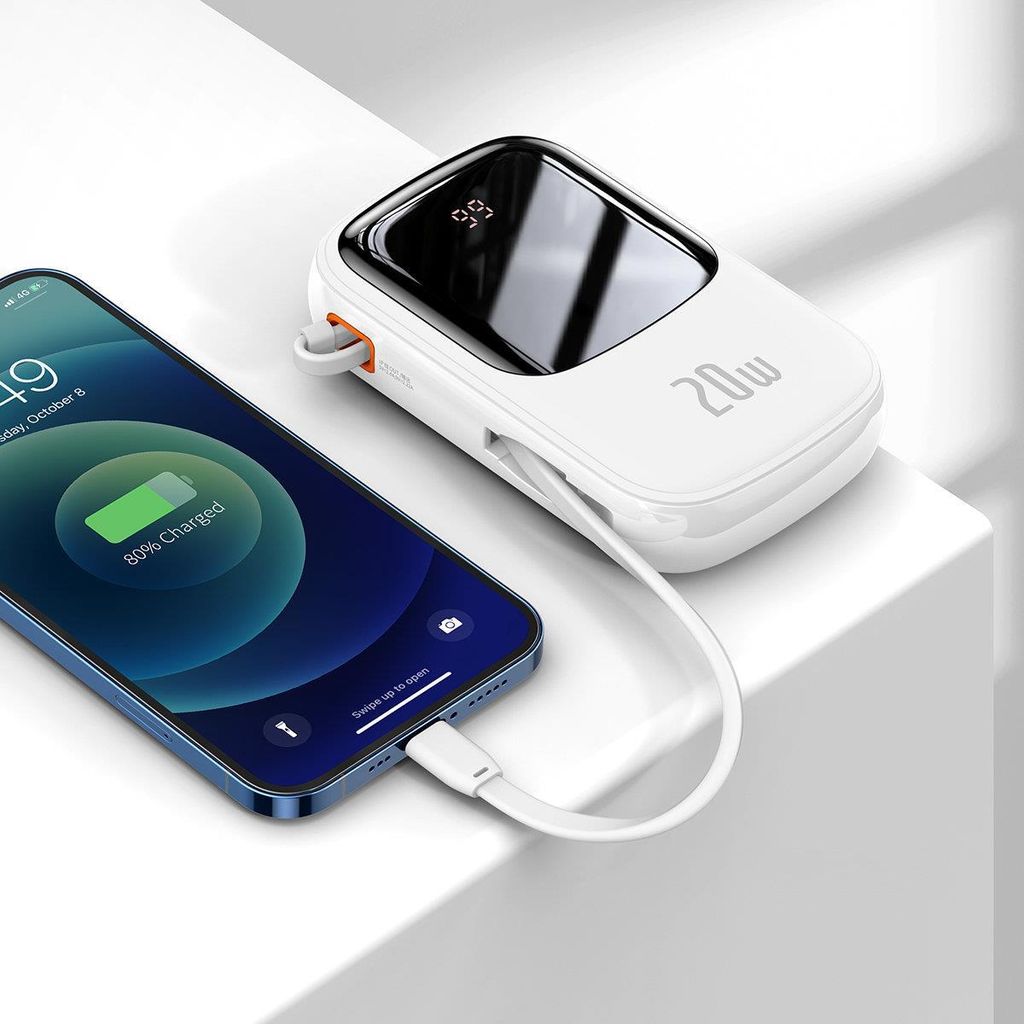 Baseus Qpow Digital Display Power Bank 20000mAh 20W med innebygd Lightning-kabel hvit