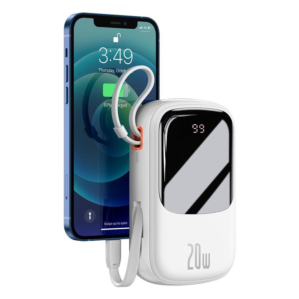 Baseus Qpow Digital Display Power Bank 20000mAh 20W med innebygd Lightning-kabel hvit