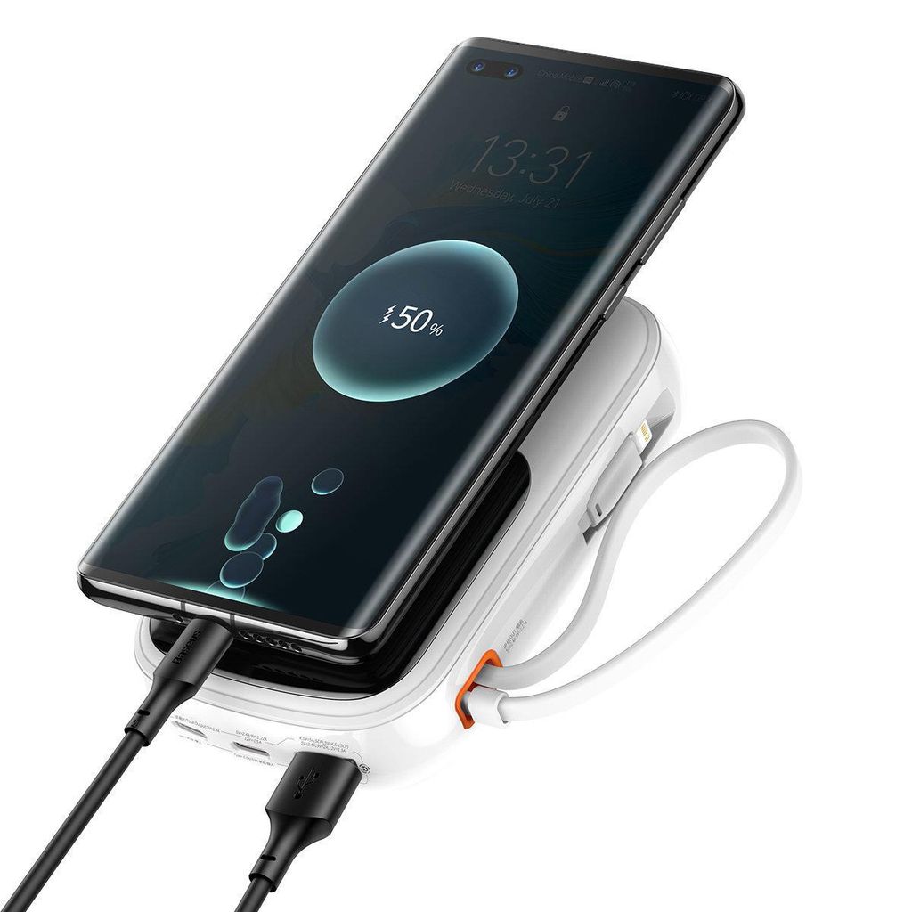Baseus Qpow Digital Display Power Bank 20000mAh 20W med innebygd Lightning-kabel hvit