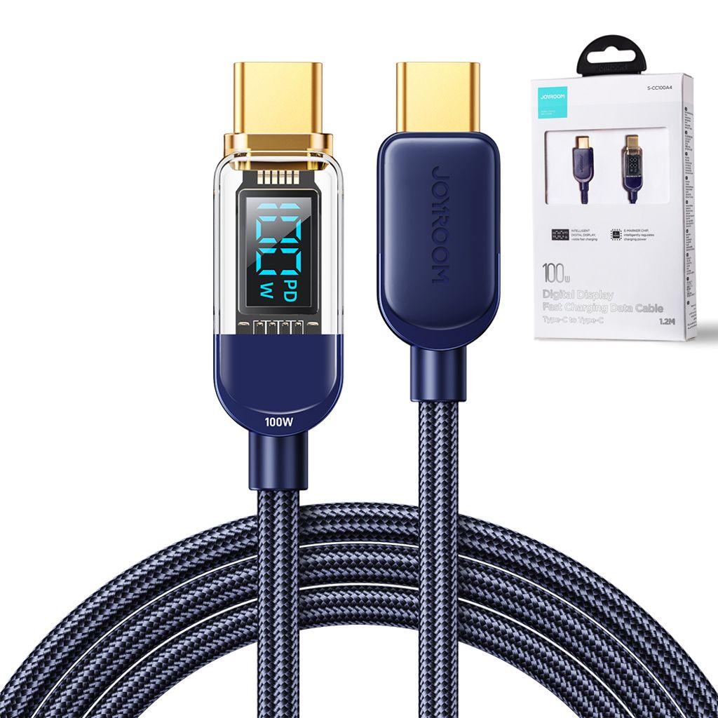 Joyroom A4 USB-C / USB-C 100W 1.2m kabel med display - blå