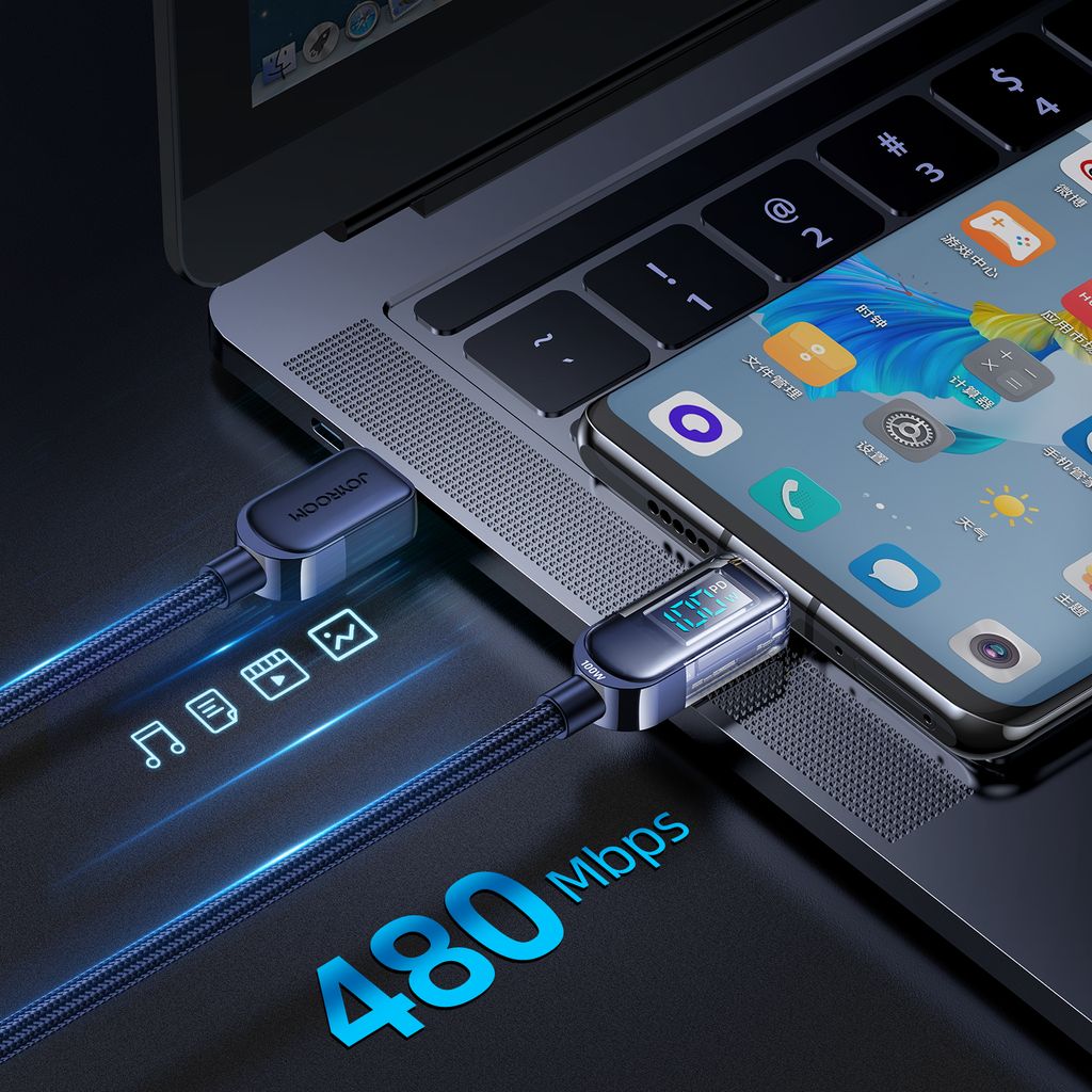 Joyroom A4 USB-C / USB-C 100W 1.2m kabel med display - blå