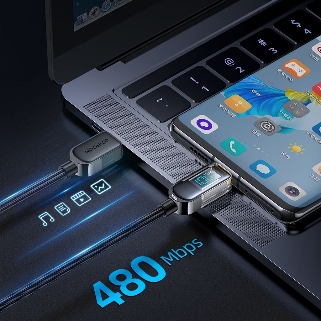 Joyroom A4 USB-C / USB-C 100W 1.2m kabel med display – Sort