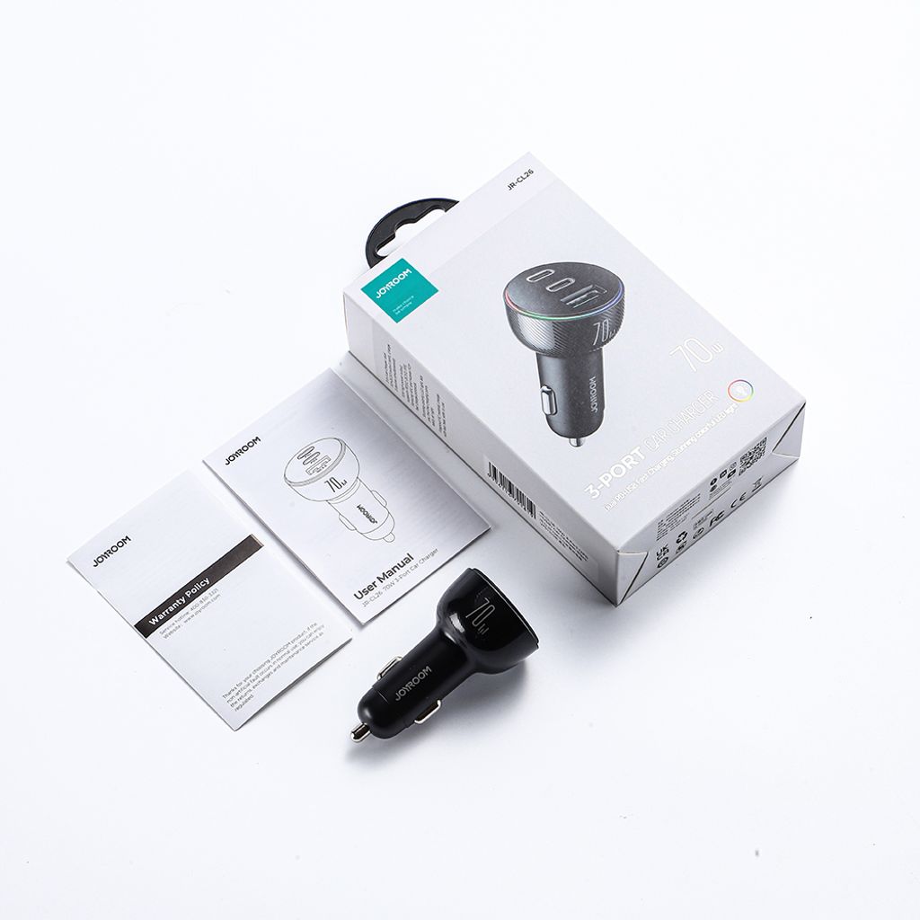 Joyroom biloplader 70W med 3 porte: USB, 2x USB-C sort (JR-CL26)