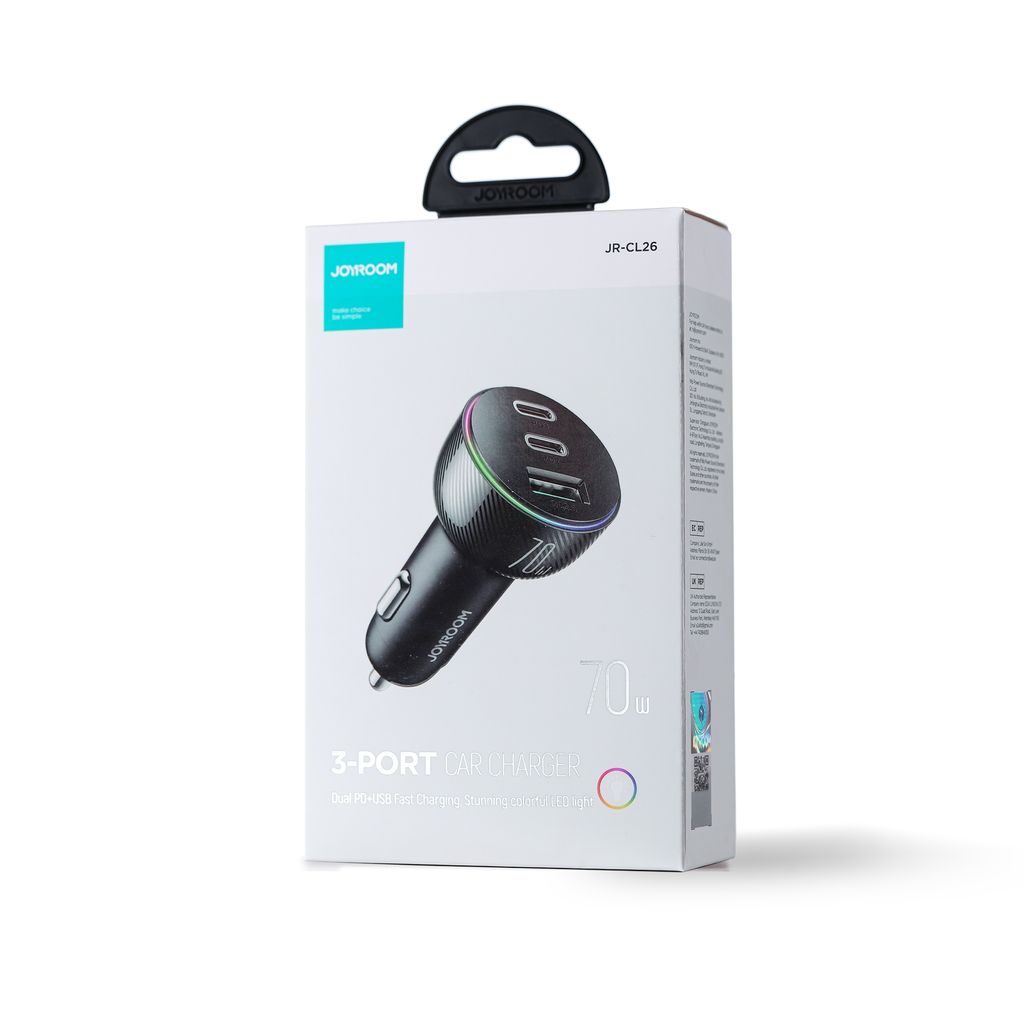 Joyroom biloplader 70W med 3 porte: USB, 2x USB-C sort (JR-CL26)