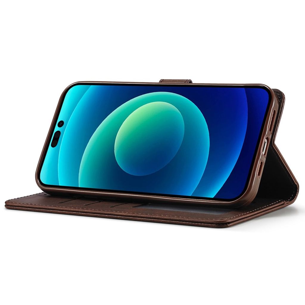 LC.IMEEKE iPhone 14 Pungetui med Stativ i PU Læder – Brun