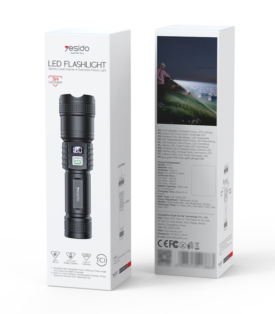 Yesido Teleskopisk Zoombar LED-lommelykt Oppladbar med Digital Display