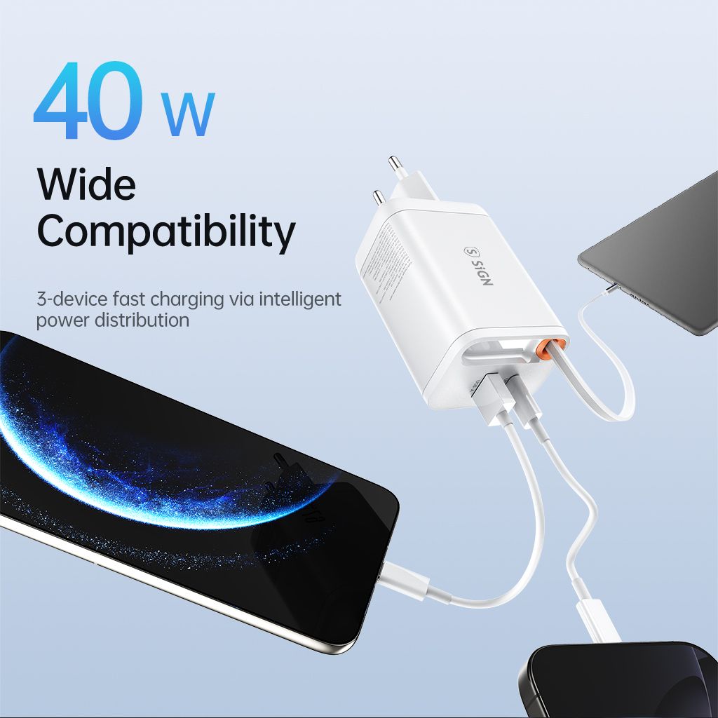 SiGN GaN hurtiglader USB-C/USB-A 40W med forlengbar USB-C-kabel - Hvit