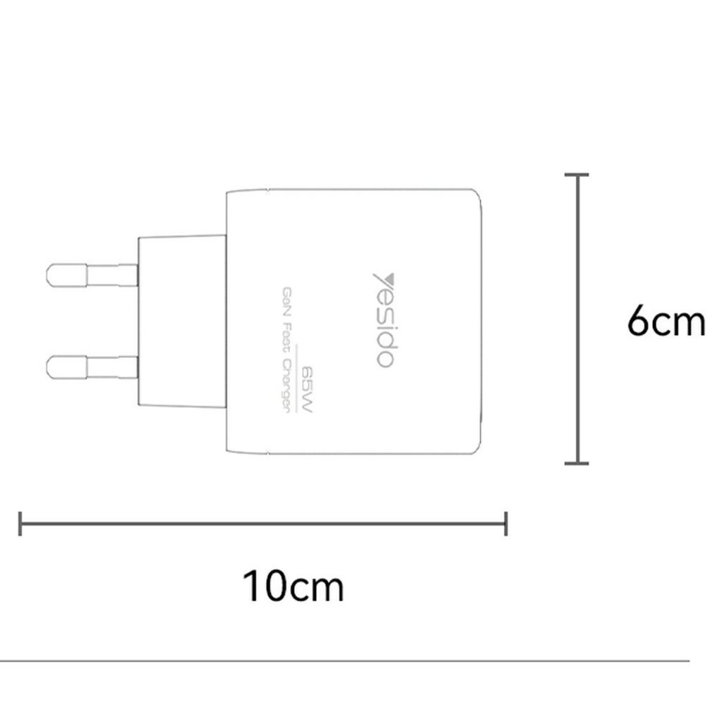 YESIDO YC144C 65W GaN hurtigoplader 2xUSB-C/1xUSB-A med USB-C kabel 1,2m – Sort