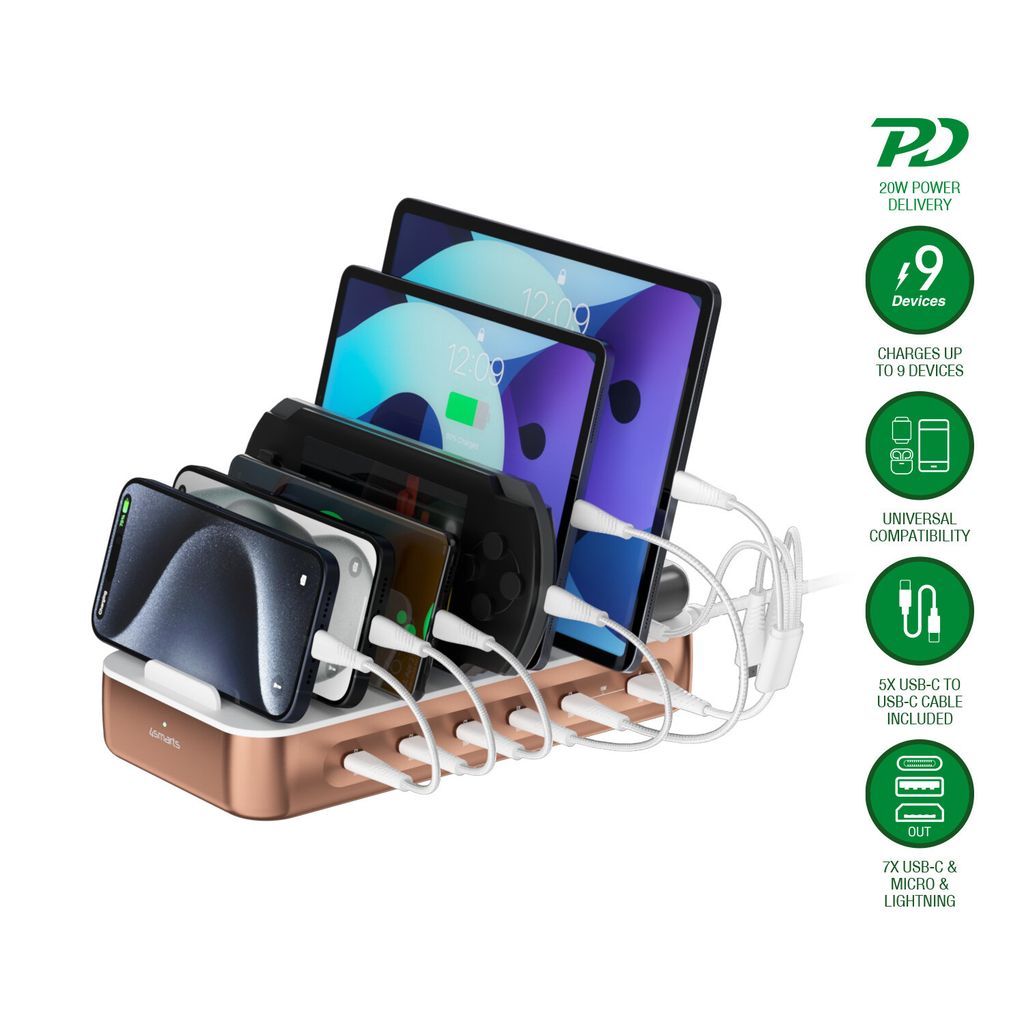 4Smarts Team Laddstation 100W 5x USB-C/1x USB-A inkl. 6 kablar – koppar