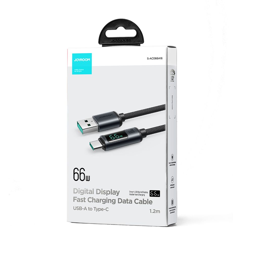 Joyroom Prism Series A16 USB-C / USB-A Kabel 66W 1.2m med LED-display – Sort