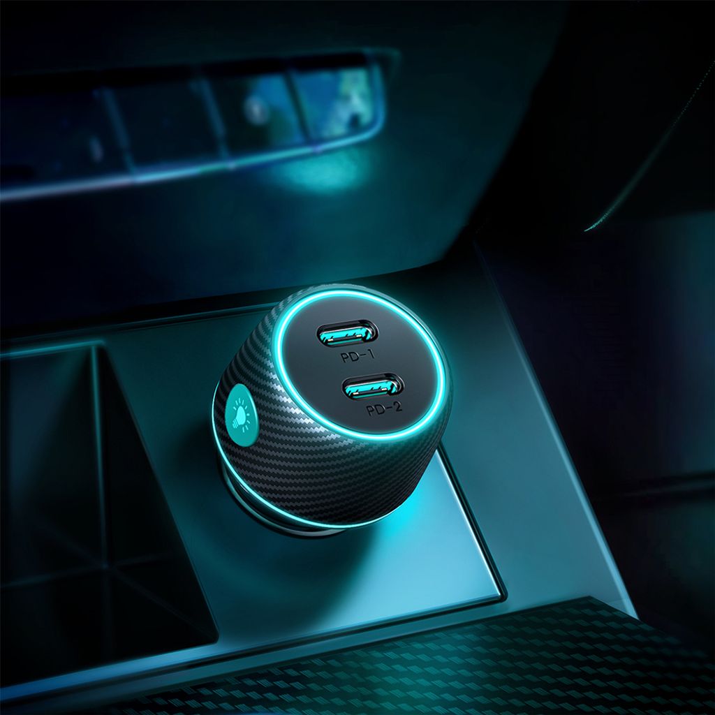 Joyroom 2x USB-C 70W biloplader med LED lys – sort