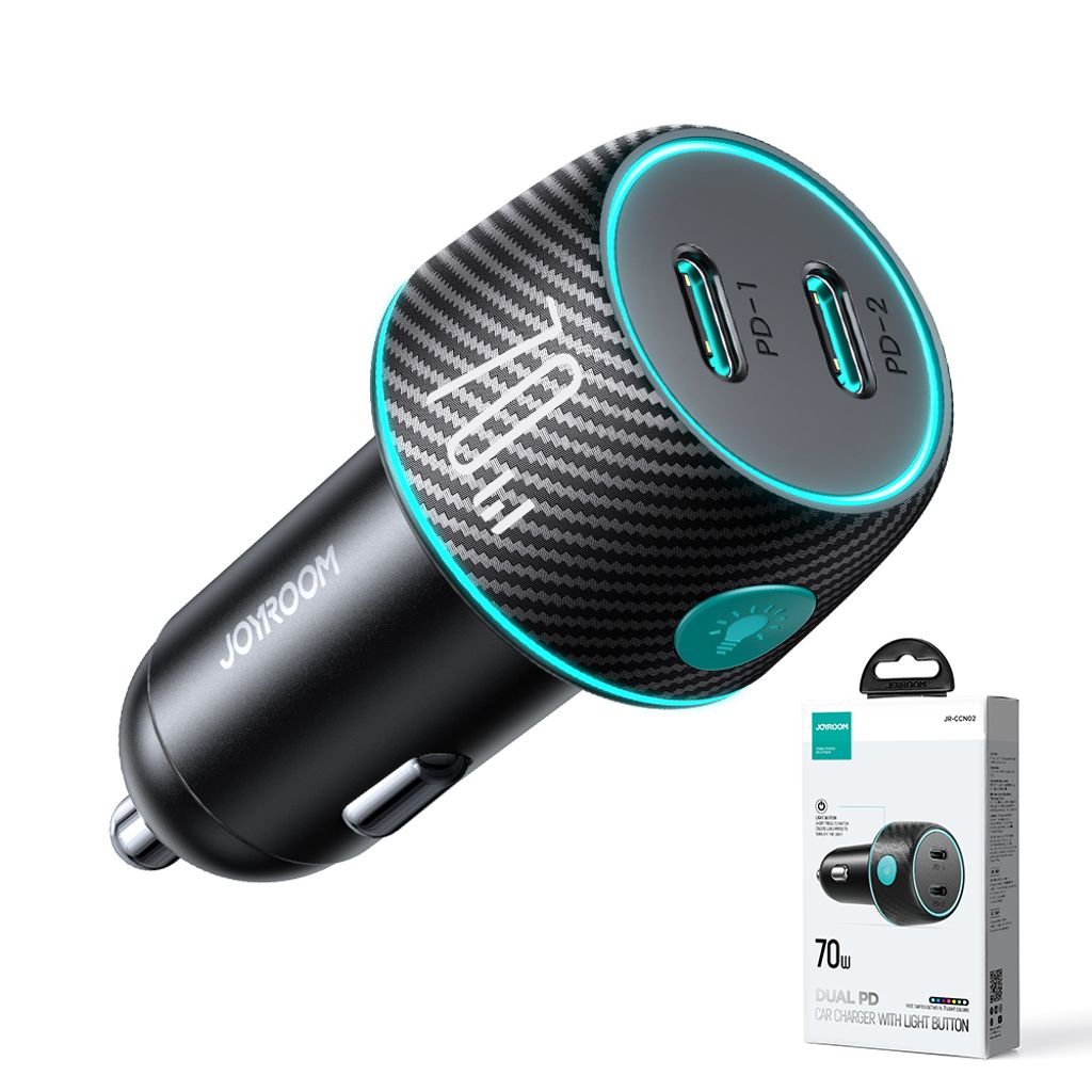Joyroom 2x USB-C 70W biloplader med LED lys – sort