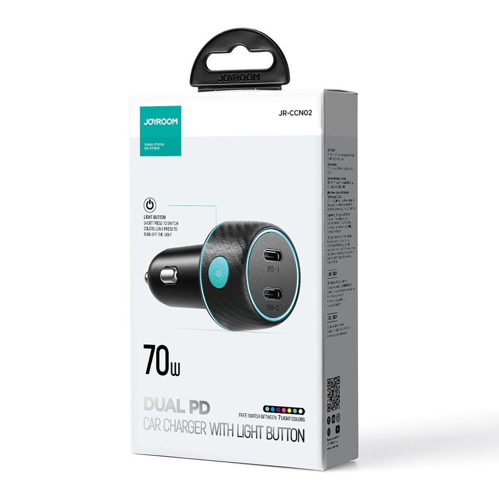 Joyroom 2x USB-C 70W biloplader med LED lys – sort
