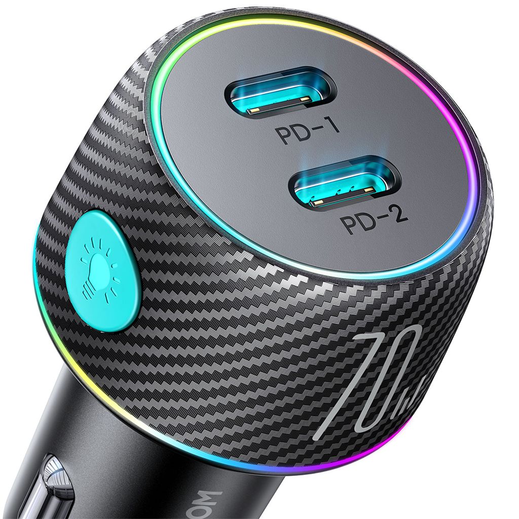 Joyroom 2x USB-C 70W biloplader med LED lys – sort
