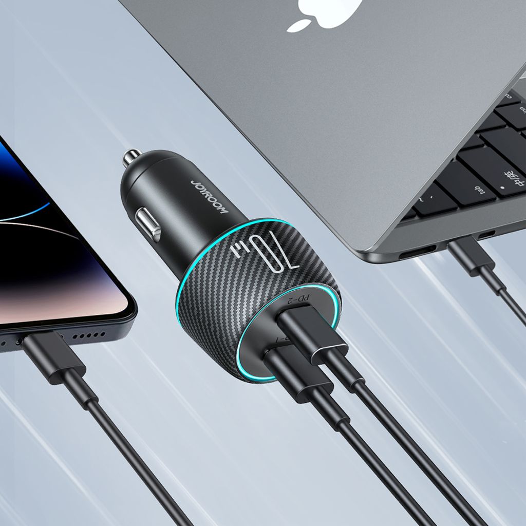 Joyroom 2x USB-C 70W biloplader med LED lys – sort