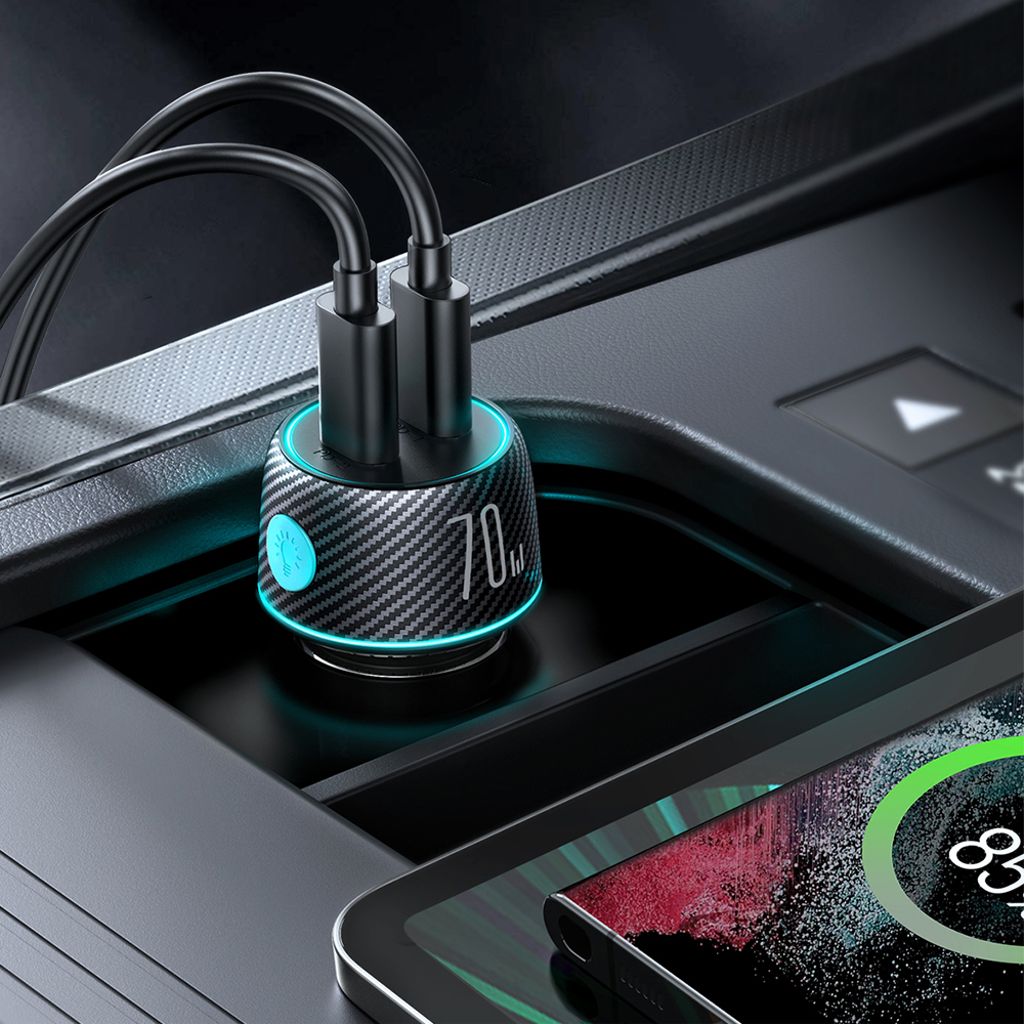 Joyroom 2x USB-C 70W biloplader med LED lys – sort