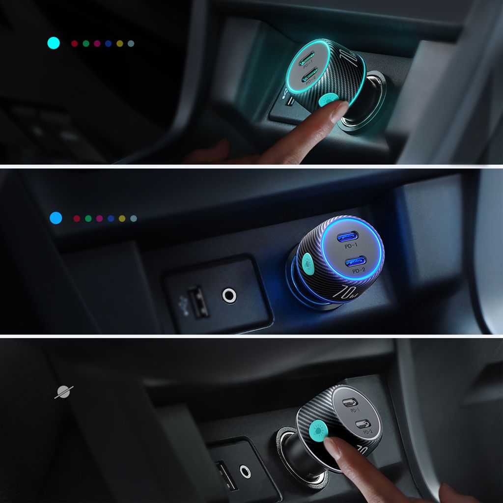 Joyroom 2x USB-C 70W biloplader med LED lys – sort