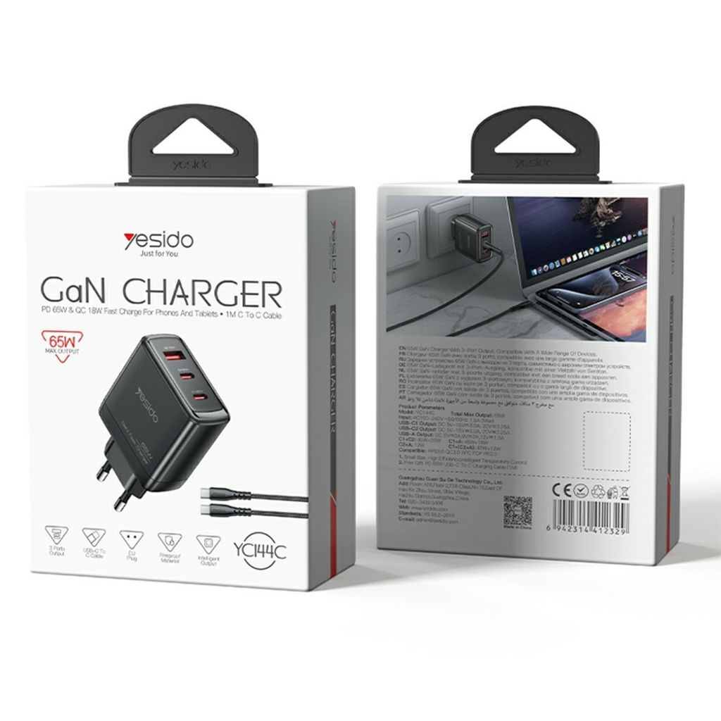YESIDO YC144C 65W GaN hurtigoplader 2xUSB-C/1xUSB-A med USB-C kabel 1,2m – Sort