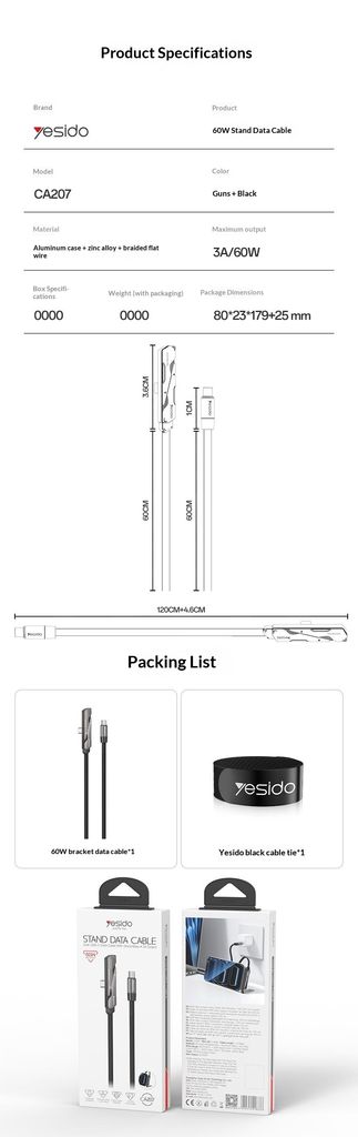Yesido CA207 USB-C till USB-C laddkabel med stativ – Svart