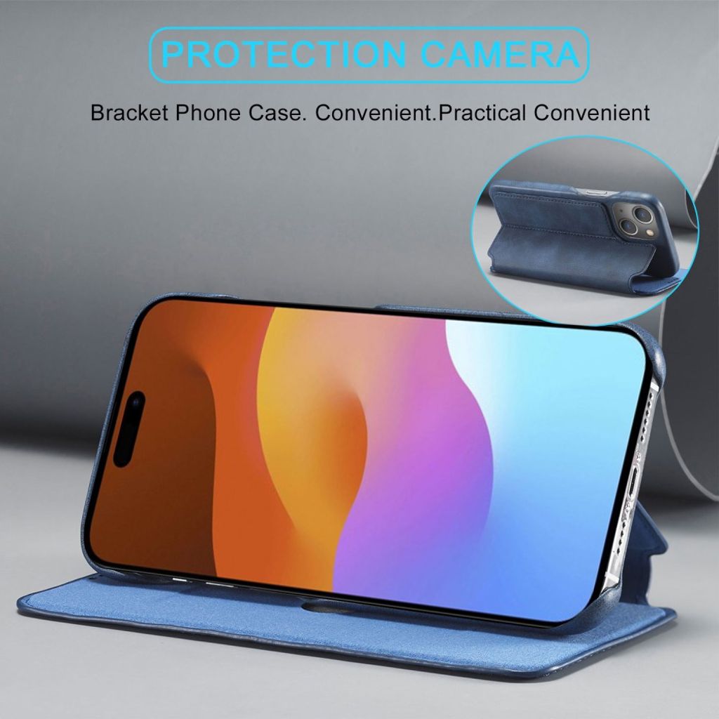 LC.IMEEKE iPhone 15 Wallet Cover Stand Card Holder - Blue