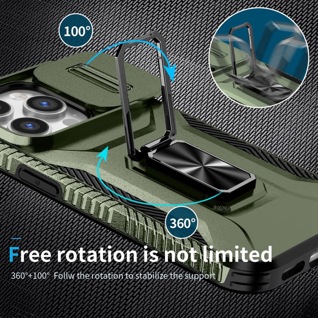iPhone 14 Pro Skal Skjutbart Kameraskydd/Ringstativ - Grön