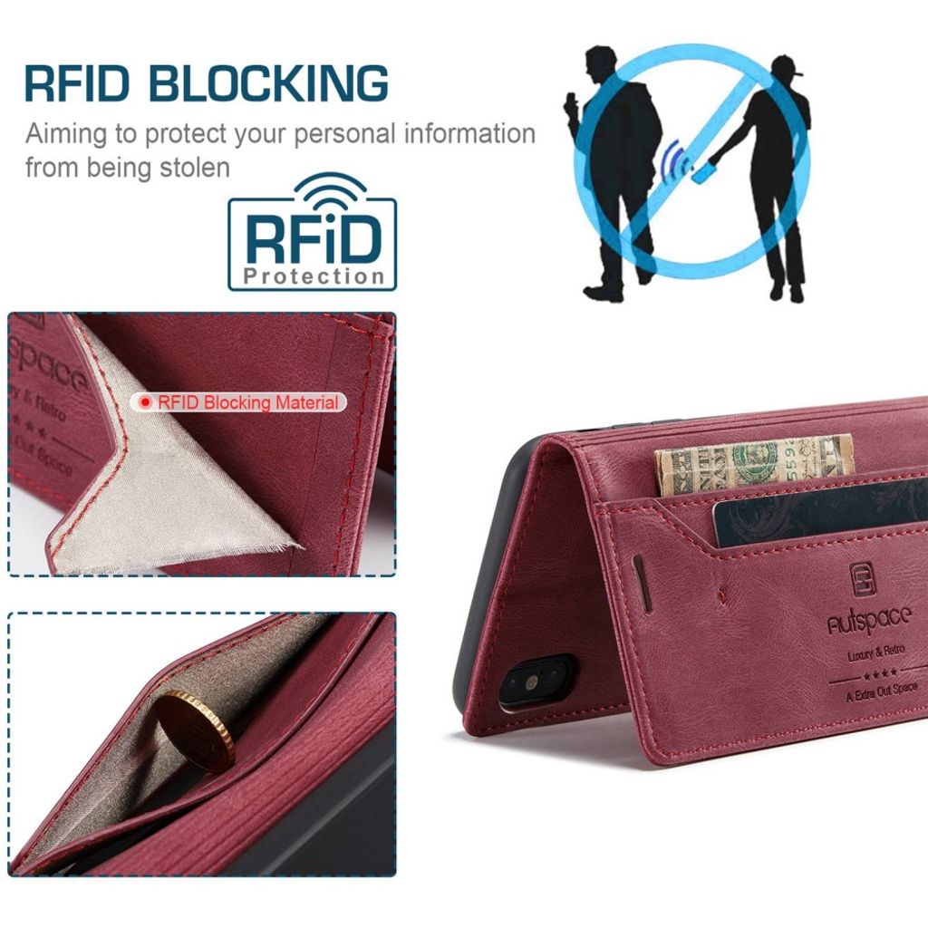 AUTSPACE iPhone X/XS Plånboksfodral RFID-blockerande Stativ – Röd